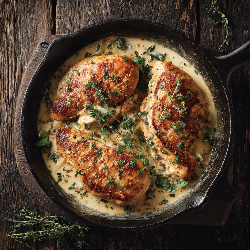 Easy Chicken Dinners: Your Go-To 30-Minute Garlic Butter Recipe 2 A skillet with a simple chicken dinner simmering in a bubbling garlic butter sauce, garnished with fresh herbs.