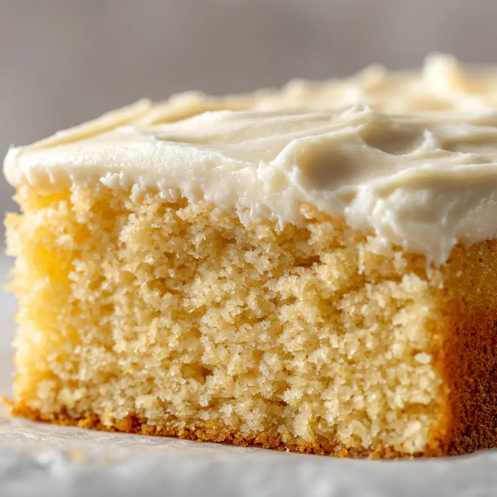 A single vanilla cake square on a white plate, topped with smooth vanilla buttercream, showcasing the simple snack cake recipe.