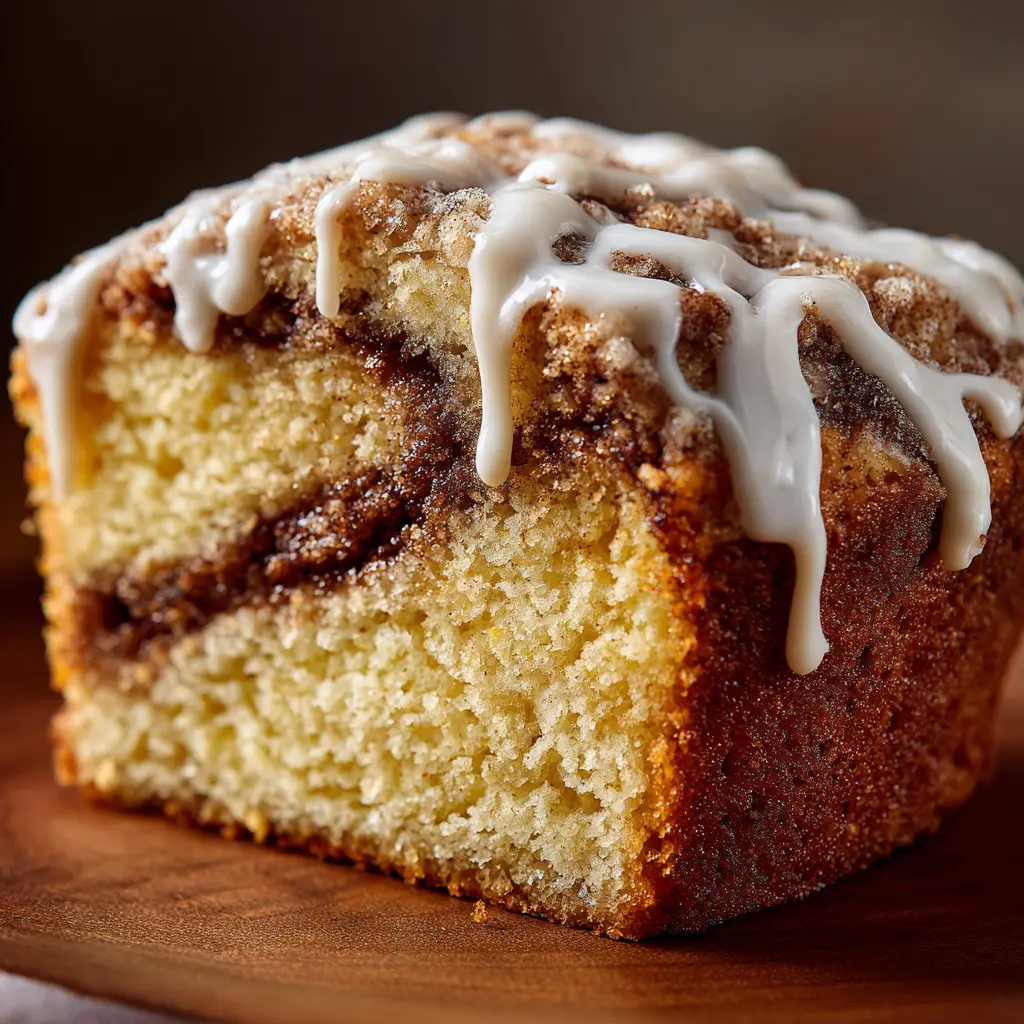 A slice of cinnamon streusel coffee cake on a white plate, drizzled with a sweet vanilla glaze, ready to be eaten for breakfast.