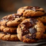 A close-up shot of the raw chocolate chunk shortbread cookie dough log being sliced into rounds before baking. Illustrates the slice-and-bake process.