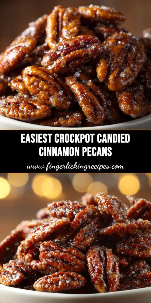 Slow Cooker Candied Pecans (The Easiest Holiday Treat) 4 A beautiful overhead shot of slow cooker candied pecans scattered on a festive holiday table. The pecans have a glistening cinnamon-sugar coating.