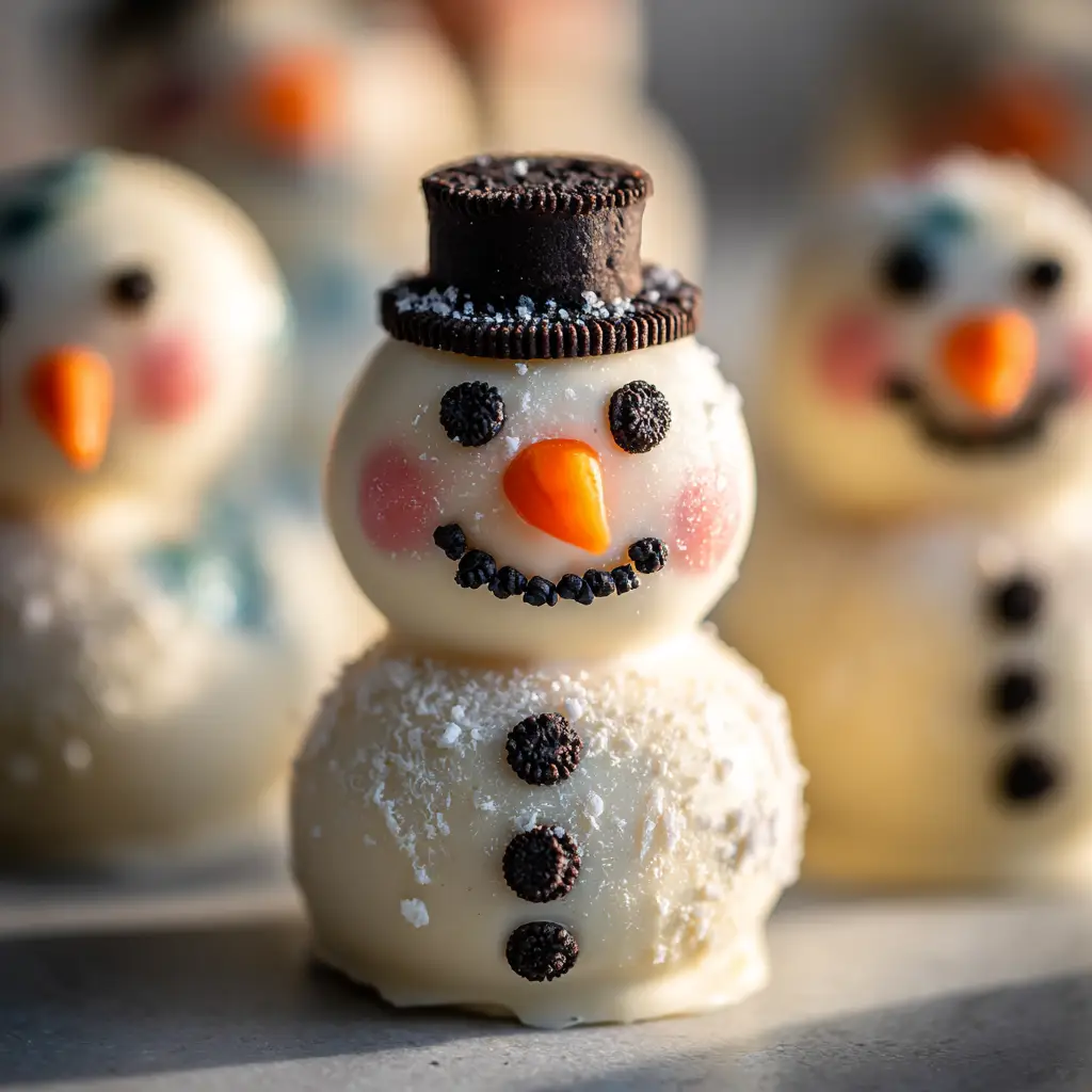 Snowman Oreo Balls Recipe (Easy & No-Bake!) 2 A platter of finished snowman Oreo balls ready to be served at a holiday gathering, showcasing a small army of the cute treats.
