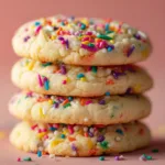 An extreme close-up of a stack of soft funfetti cookies, showing the chewy texture and colorful sprinkles inside.