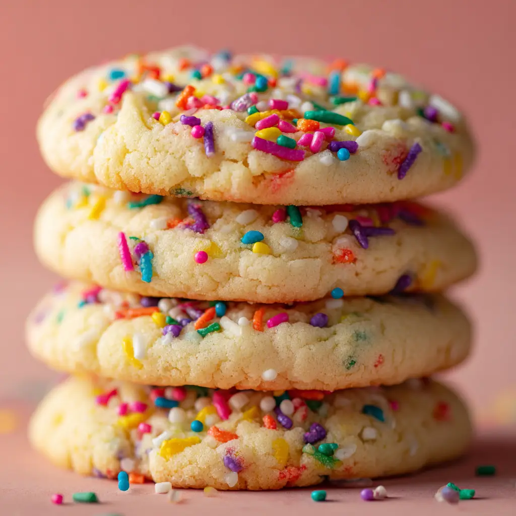Funfetti Cake Batter Cookies (Soft & Chewy Recipe!) 3 An extreme close-up of a stack of soft funfetti cookies, showing the chewy texture and colorful sprinkles inside.