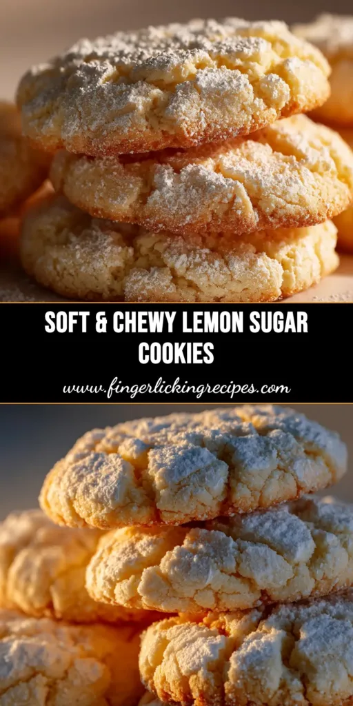 A stack of soft and chewy Lemon Sugar Cookies, with one broken in half to show the texture. The cookies are coated in sparkling sugar and garnished with fresh lemon zest.