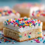 An extreme close-up shot of a soft and chewy sugar cookie bar, showing its tender crumb and thick layer of frosting.