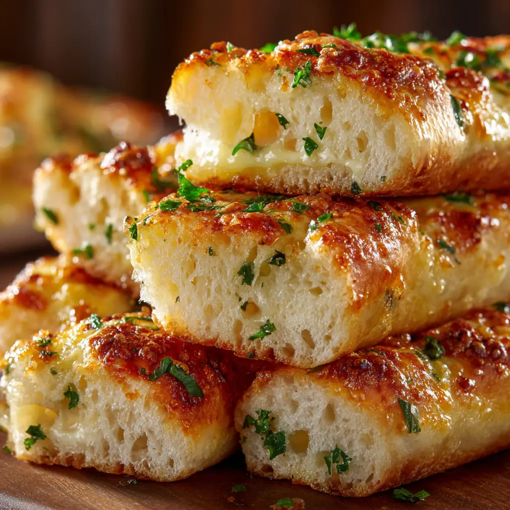 Garlic Butter Breadsticks (The Easiest, Softest Recipe!) 3 A close-up shot of a stack of soft garlic breadsticks, highlighting their fluffy texture and golden-brown crust.