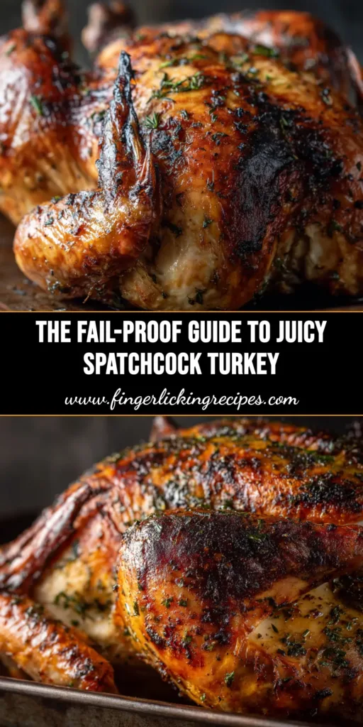 Spatchcock Turkey Recipe (The Juiciest, Fastest Way to Cook a Turkey) 4 A perfectly roasted spatchcock turkey recipe on a platter, ready to be carved. The skin is golden-brown and crispy, surrounded by fresh herbs.