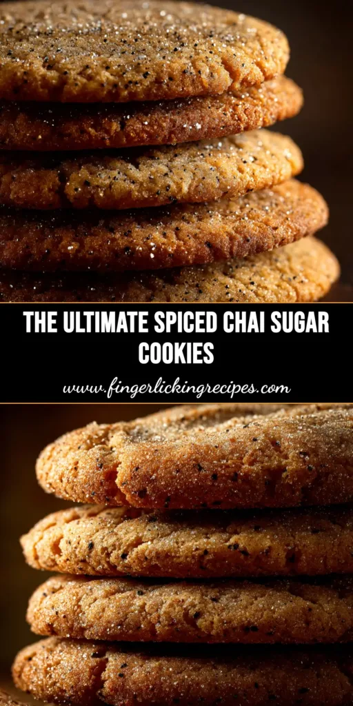 A beautiful overhead shot of spiced chai sugar cookies on a cooling rack, with a cup of tea and whole spices scattered nearby. The text overlay reads 'The Best Spiced Chai Sugar Cookies'.