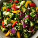 A macro shot of a spicy Asian cucumber salad, showing the texture of the thinly sliced cucumbers and red pepper flakes in the dressing.