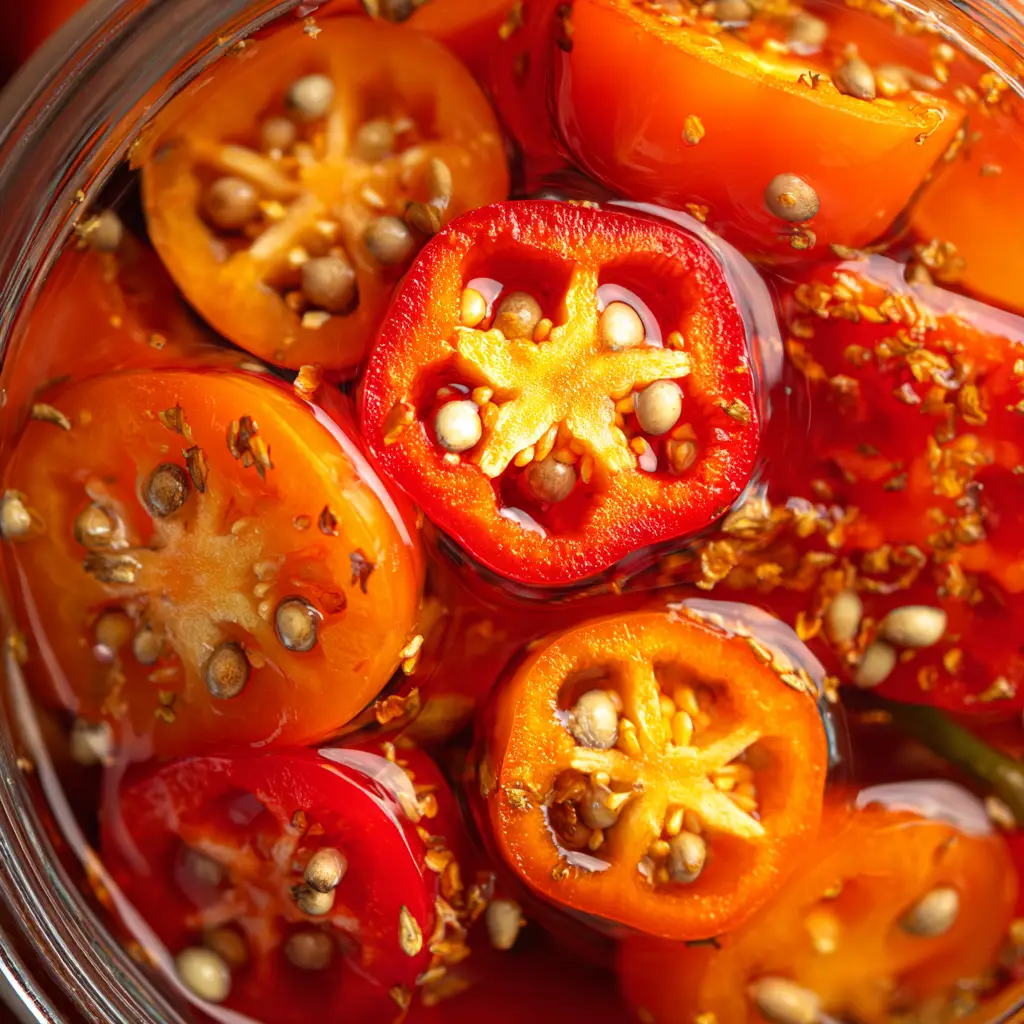 Pickled Habaneros: The Ultimate Guide to Fiery Flavor 2 A close-up view inside a glass jar of spicy pickled habaneros, with garlic and spices visible in the brine.