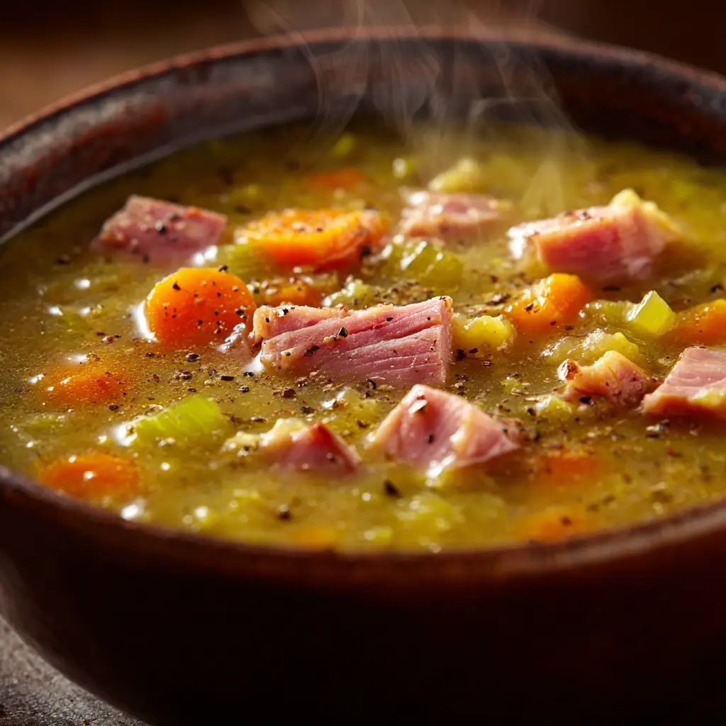 Split Pea Soup: The Ultimate Recipe for a Hearty, Comforting Meal 2 The key ingredients for split pea soup, including dried green split peas, a ham bone, carrots, celery, and onion, arranged on a wooden board.