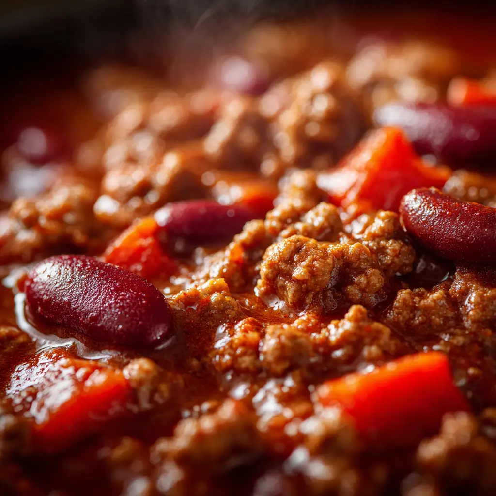 Ground Beef Chili Recipe (The BEST Classic Chili) 2 An extreme close-up of a spoonful of the best ground beef chili, highlighting the texture of the meat, beans, and thick, savory sauce.