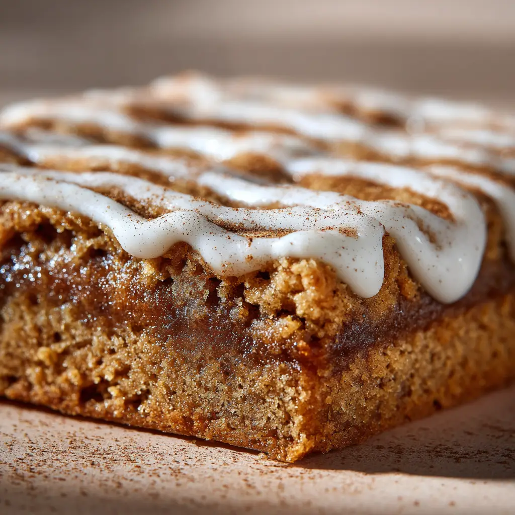 A stack of three brown sugar cinnamon pop-tart bars with white icing dripping down the sides, ready to be eaten.