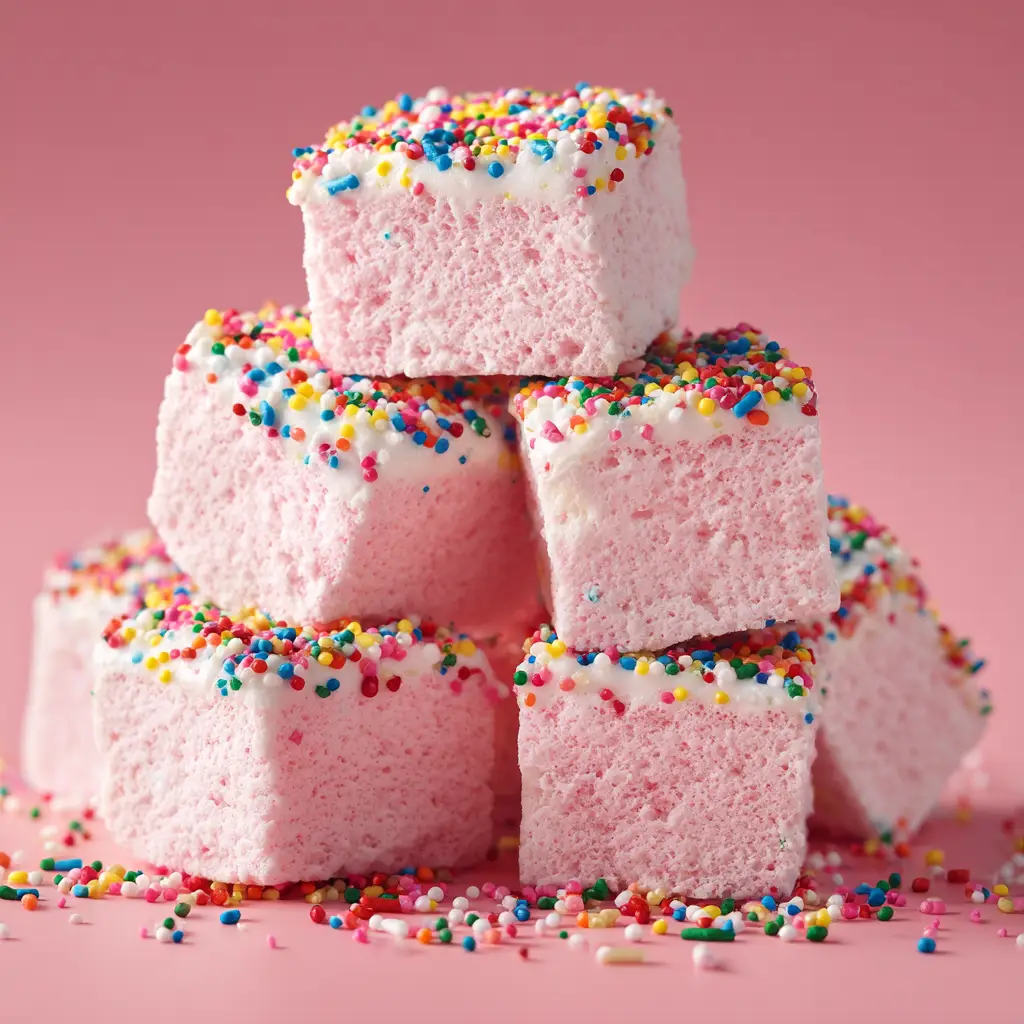 Valentine Marshmallow Treats (Easy No-Bake Recipe!) 2 A stack of several Valentine marshmallow treats, showcasing the vibrant pink color and crispy rice cereal details.