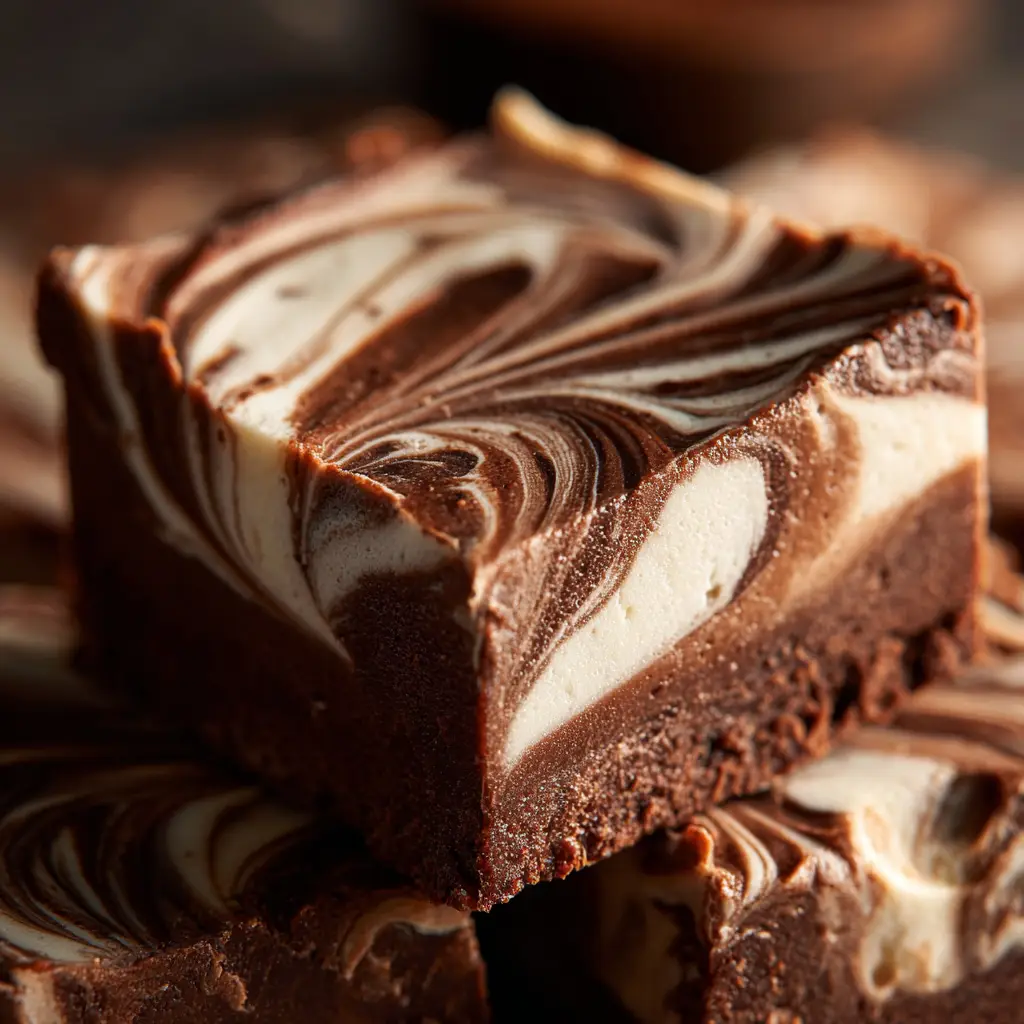 A stack of three hot cocoa fudge squares, showcasing the mini marshmallows studded throughout the fudge.