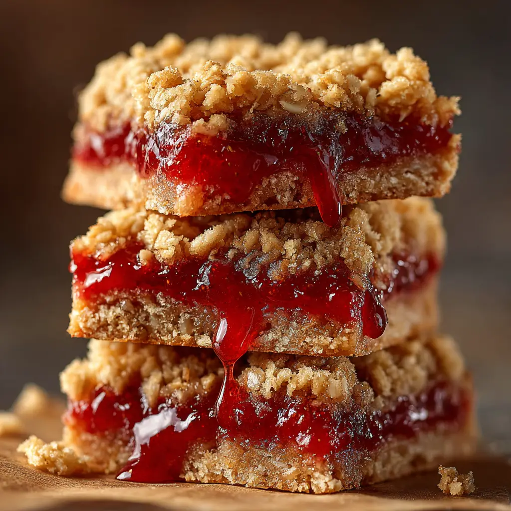 Strawberry Crumble Snack Bars (The Easiest Recipe!) 2 A freshly baked strawberry crumble bar cut into squares, revealing the vibrant red strawberry layer between the crust and topping.