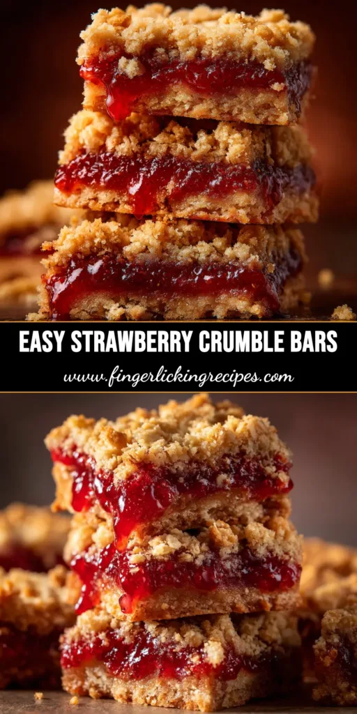 Strawberry Crumble Snack Bars (The Easiest Recipe!) 4 A stack of delicious strawberry crumble snack bars on parchment paper. The bars have a golden-brown oat topping and a visible layer of red strawberry filling.