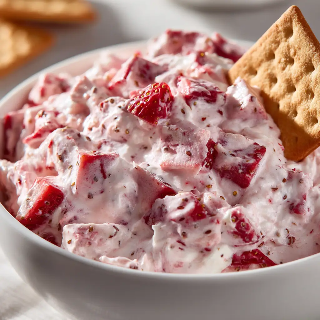 A fresh strawberry being dipped into a bowl of the light pink Valentine's Day dessert dip.