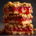 Strawberry Crumble Snack Bars (The Easiest Recipe!) A close-up macro shot of strawberry oat crumble bars, highlighting the texture of the buttery crumble topping and the jammy fruit filling.