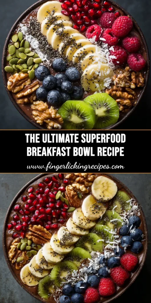 Superfood Breakfast Bowl (Easy, Healthy & Customizable) 4 An overhead shot of a vibrant Superfood Breakfast Bowl, packed with fresh berries, nuts, and seeds. A spoon rests beside the white bowl, ready to be eaten.