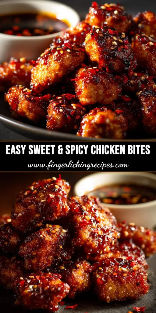 Sweet & Spicy Chicken Bites (The Only Recipe You'll Need) 5 A heaping bowl of crispy Sweet & Spicy Chicken Bites, glistening with a sticky glaze and garnished with sesame seeds and fresh green onions. Perfect for an easy dinner or party appetizer.