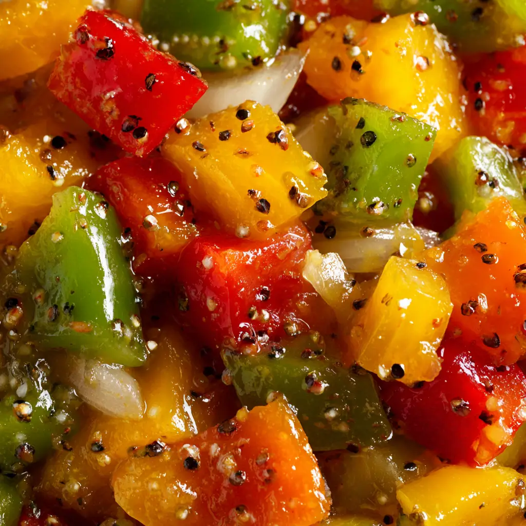 Sweet Pepper Relish Recipe (That's Sweet, Tangy, and Easy!) 2 A spoonful of sweet pepper relish being lifted from a bowl, showing its glossy, syrupy consistency and vibrant color.