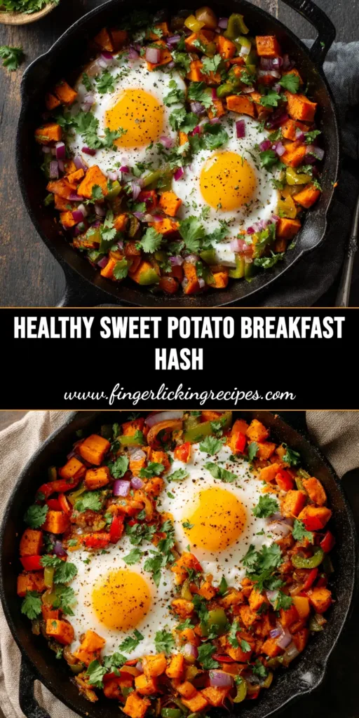 A serving of Sweet Potato Breakfast Hash in a cast-iron skillet, topped with perfectly cooked sunny-side-up eggs and fresh parsley.
