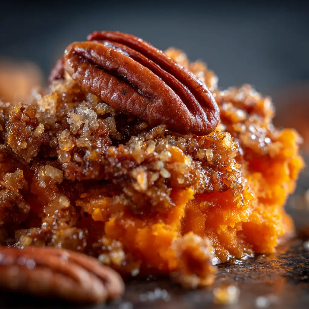 The sweet potato casserole filling being mixed in a bowl, showing its vibrant orange color and smooth consistency before baking.