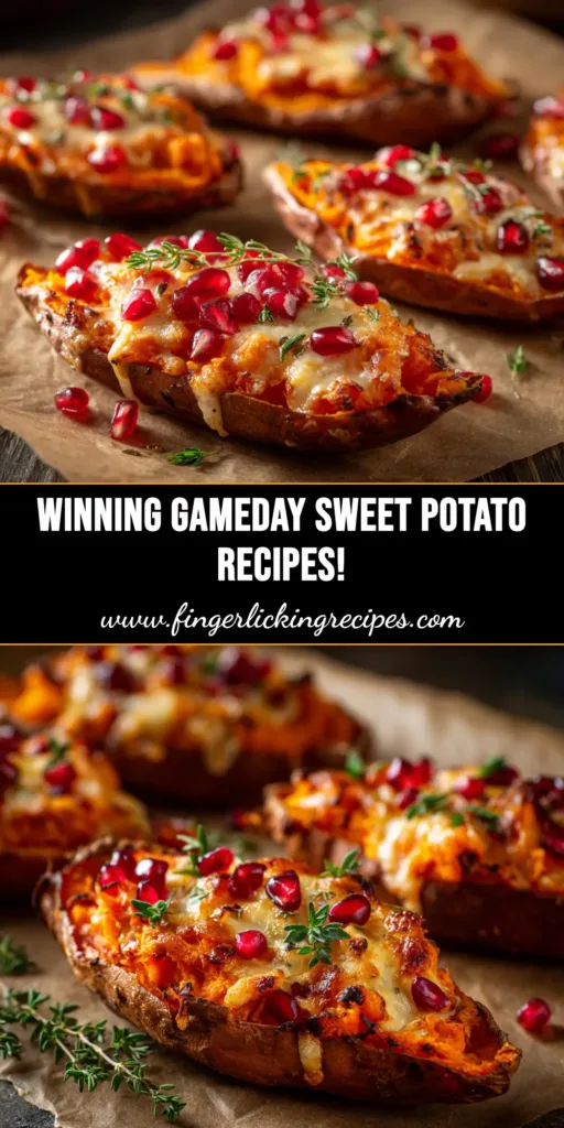 A platter of crispy loaded sweet potato skins, a perfect example of delicious sweet potato gameday recipes. The skins are filled with melted cheese and bacon, and topped with sour cream and fresh chives.
