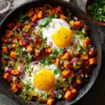 An overhead shot of the sweet potato breakfast skillet before the eggs are added, showing the colorful mix of sweet potatoes, onions, and peppers.