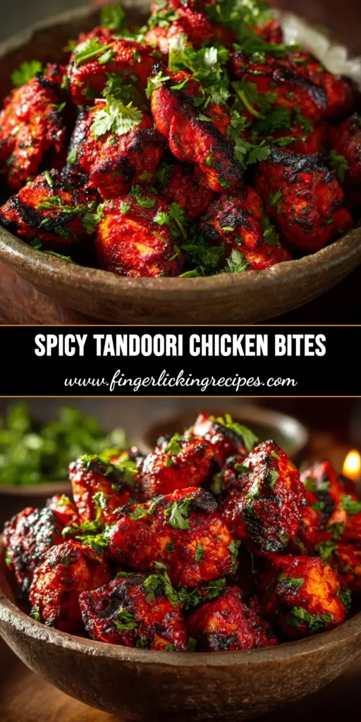 A platter of perfectly cooked Tandoori Chicken Bites, garnished with fresh cilantro and a lemon wedge on the side. The perfect Indian chicken appetizer.