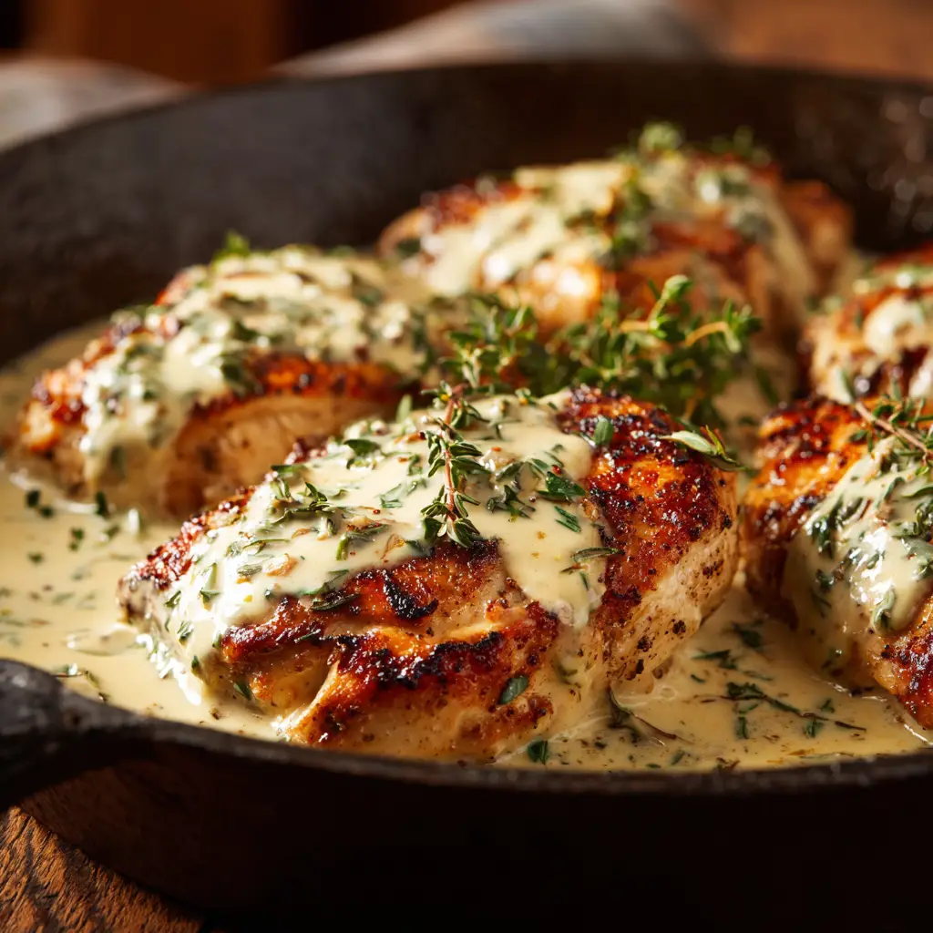 A fork cutting into a piece of tender Creamy Garlic Herb Chicken, revealing its moist interior.