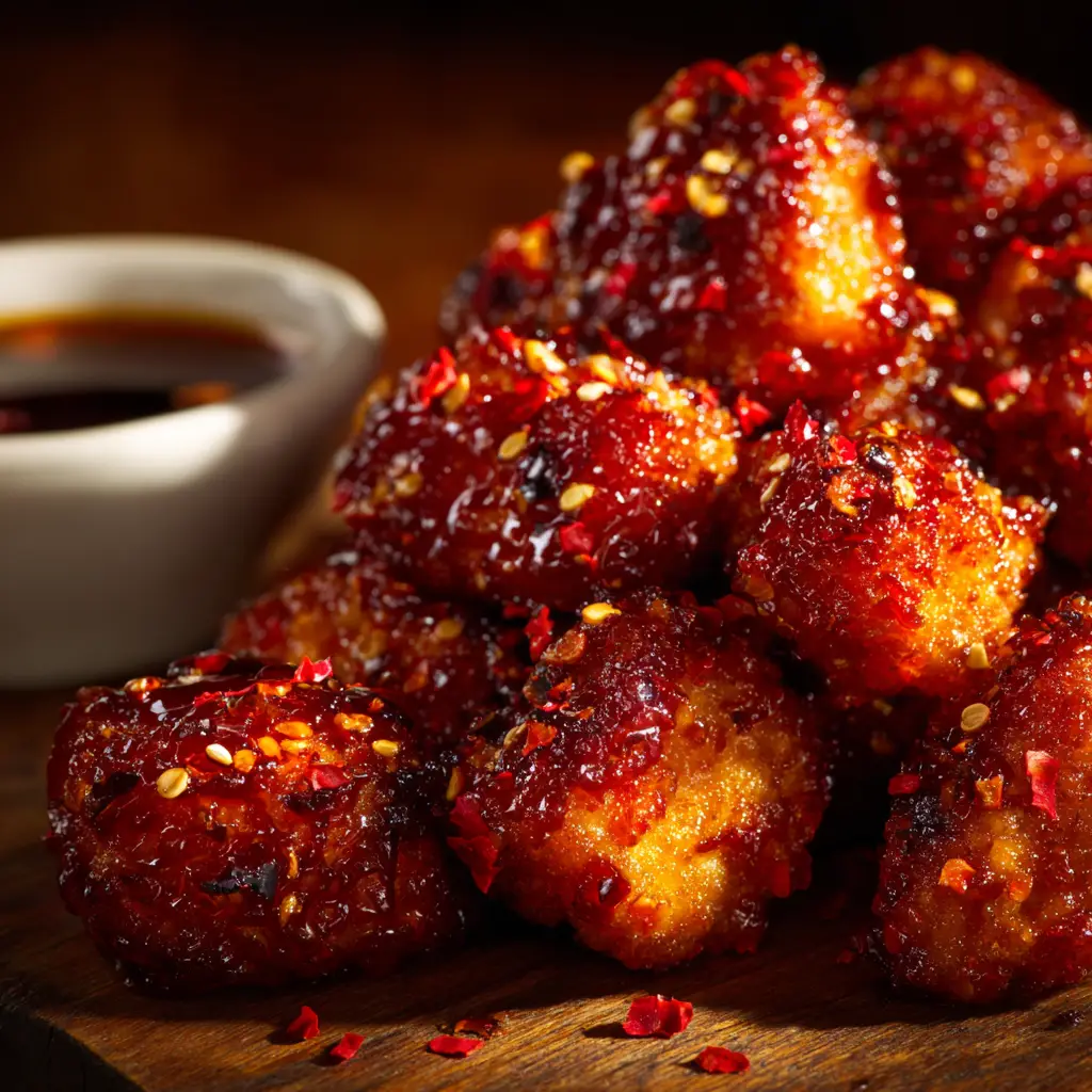 Sweet & Spicy Chicken Bites (The Only Recipe You'll Need) 2 A bowl of finished Sweet & Spicy Chicken Bites being tossed in the glossy, sticky sauce. The vibrant red-orange glaze coats each piece perfectly.