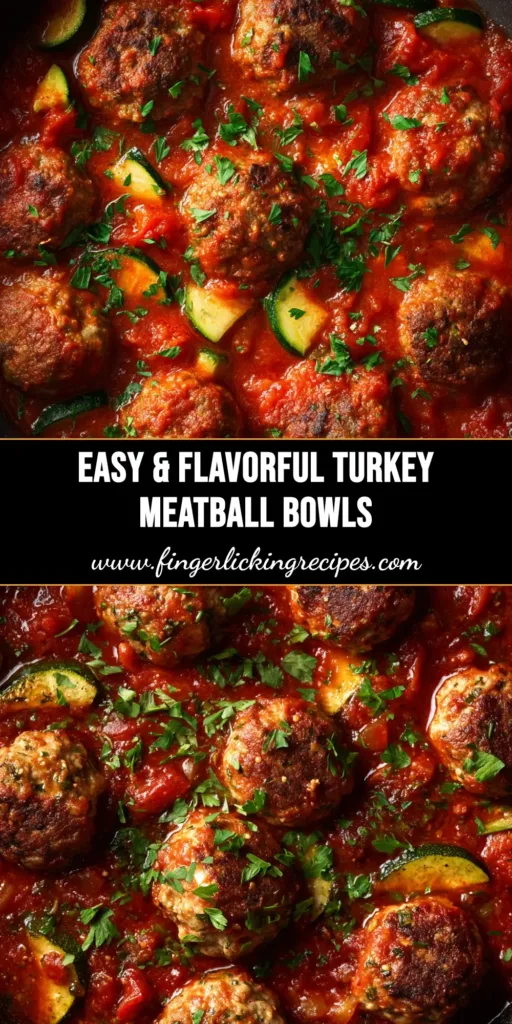An overhead shot of healthy Turkey Meatball Quinoa Bowls in a white bowl, topped with fresh cucumber, tomatoes, and a creamy dill sauce. Perfect for meal prep.