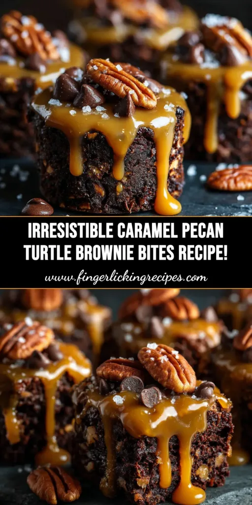 A grid of delicious Turtle Brownie Bites on a cooling rack, showing the gooey caramel center, toasted pecans, and chocolate drizzle.