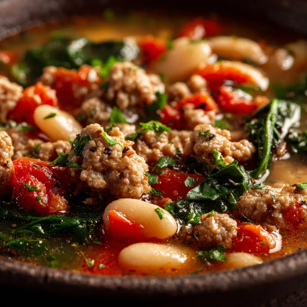 Italian Sausage White Bean Soup (The Ultimate Cozy Recipe) 2 A spoonful of Tuscan-style white bean and sausage soup being lifted from a bowl, showing the creamy beans, savory sausage, and chunks of vegetables in a flavorful broth.