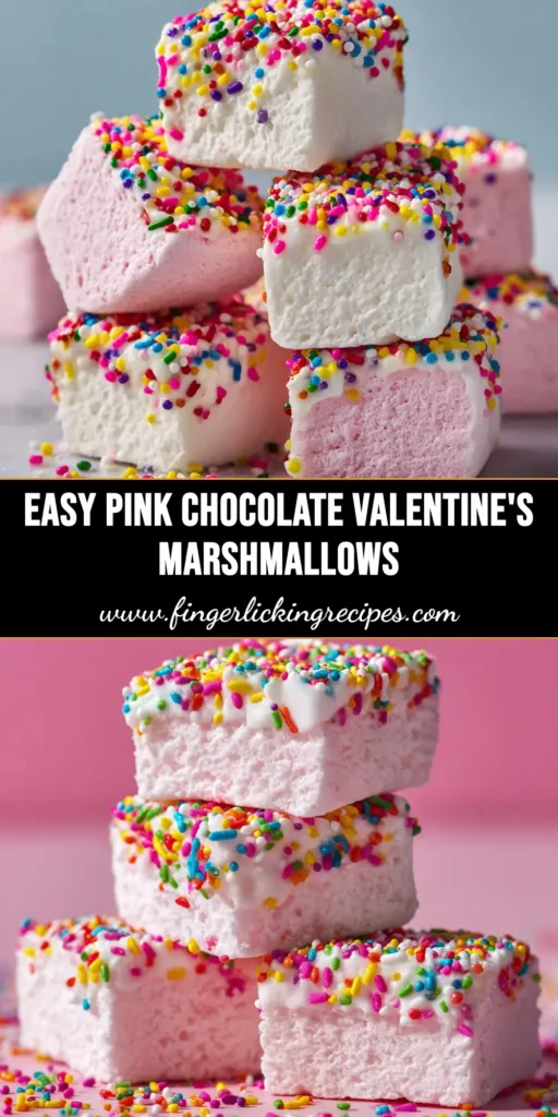 Valentine Marshmallow Treats (Easy No-Bake Recipe!) 4 A tray of festive Valentine marshmallow treats cut into heart shapes and decorated with pink and red sprinkles. The treats have a vibrant pink color.