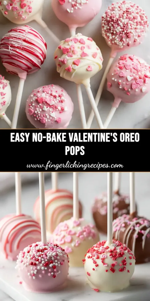 Valentine's Day Oreo Pops (Easy No-Bake Treat!) 4 A beautiful platter of Valentine's Day Oreo Pops, decorated with pink and white chocolate and festive heart sprinkles.