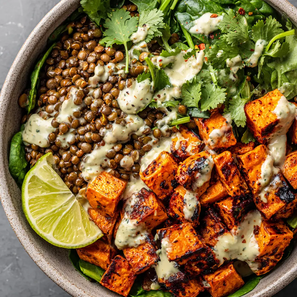 A serving of the vegan protein bowl in a white bowl, ready to be eaten. The vibrant colors of the vegetables and grains are clearly visible.
