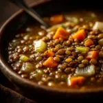 Vegetarian Lentil Soup (The Best Hearty Recipe) A close-up shot of the fresh ingredients for the vegetarian lentil soup, including lentils, carrots, celery, and onions, arranged on a cutting board.