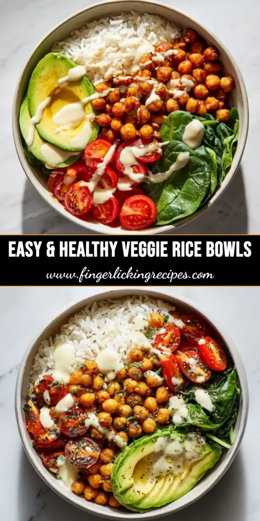 A vibrant and healthy Vegetarian Rice Bowl packed with crispy tofu, broccoli, peppers, and edamame, topped with avocado and sesame seeds. The perfect easy and customizable meal.