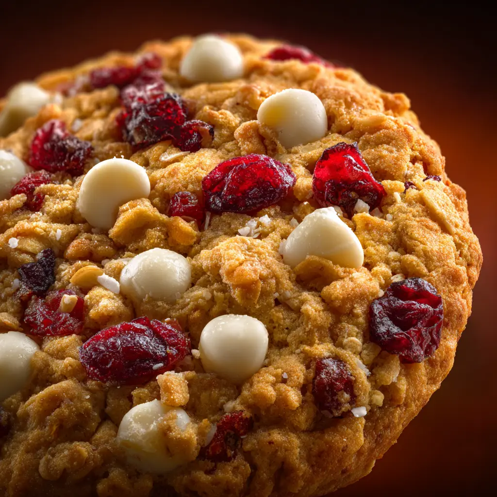 Chewy White Chocolate Cranberry Oatmeal Cookies 2 The cookie dough for chewy white chocolate cranberry oatmeal cookies being mixed in a bowl, showing the oats, cranberries, and white chocolate chips.