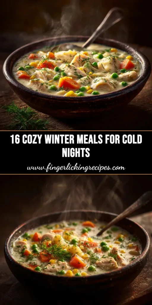 Winter Comfort Food Recipes to Warm Your Soul 5 A beautiful overhead shot of various winter comfort food recipes, including a hearty soup, a casserole, and baked goods, arranged on a rustic wooden table.
