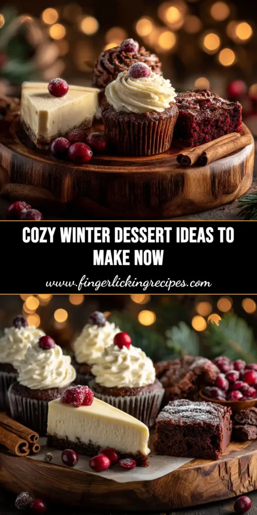 A beautiful platter of assorted winter dessert recipes, including spiced cookies, frosted cakes, and festive truffles, ready for a holiday celebration.