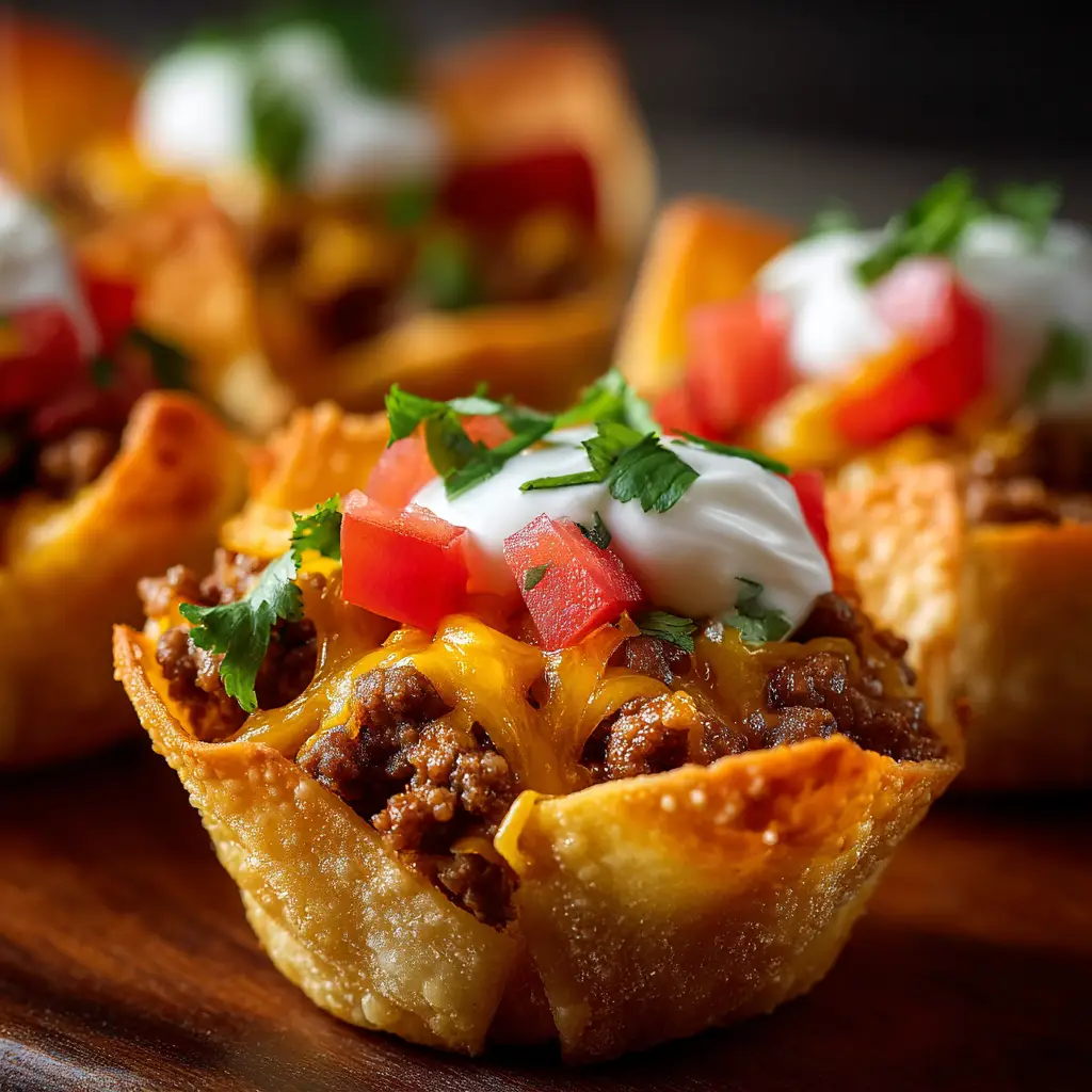 A shot of multiple wonton taco cups arranged on a platter, ready to be served as a party appetizer.