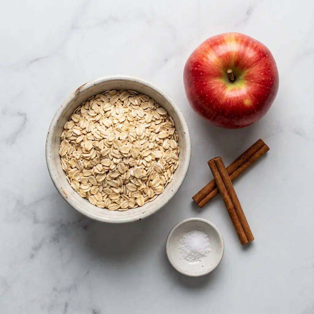 An overhead flat lay of the ingredients for sugar-free apple cinnamon oatmeal: rolled oats, a red apple, and cinnamon sticks.