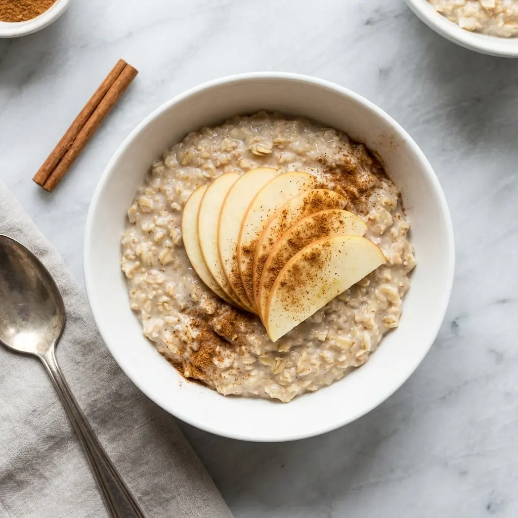 An overhead flat lay photo of a bowl of apple cinnamon oatmeal without sugar.