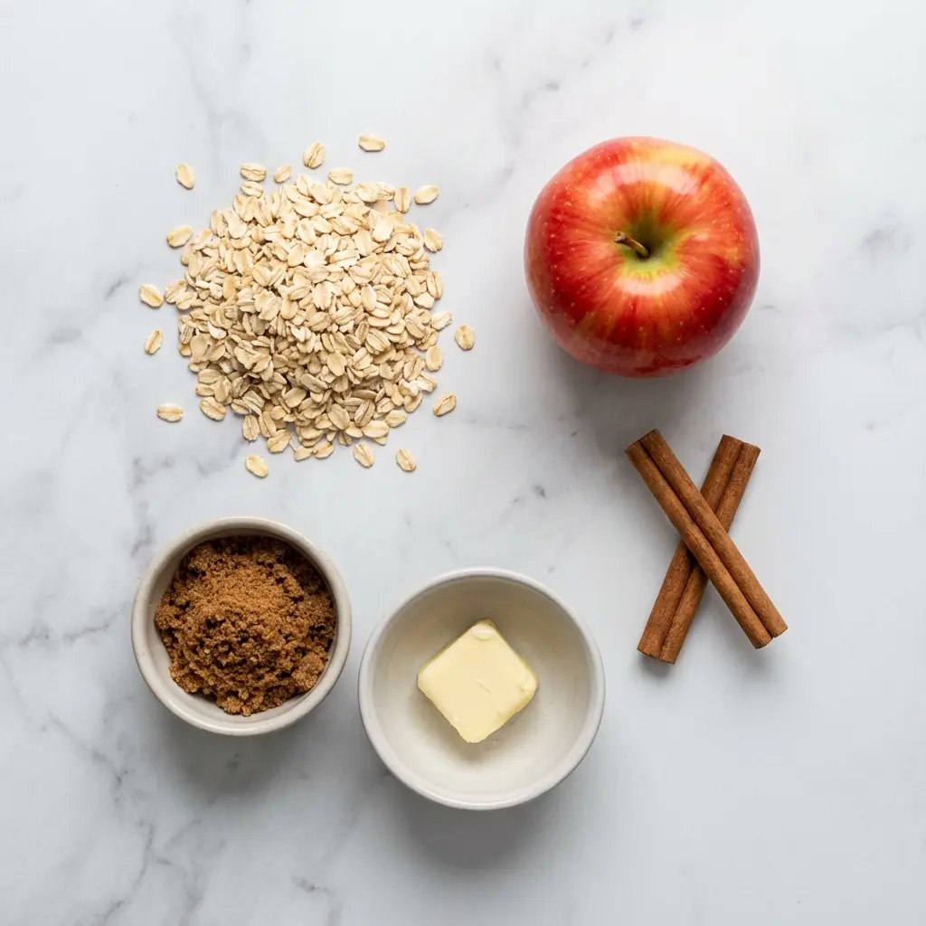 Ingredients for apple cinnamon oatmeal, including oats, an apple, and cinnamon sticks.