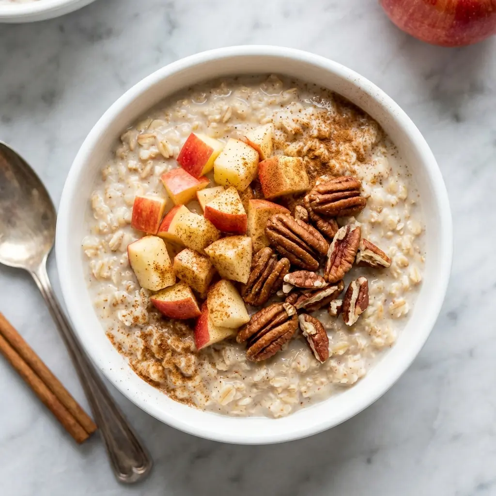 An overhead view of a bowl of apple cinnamon oatmeal.